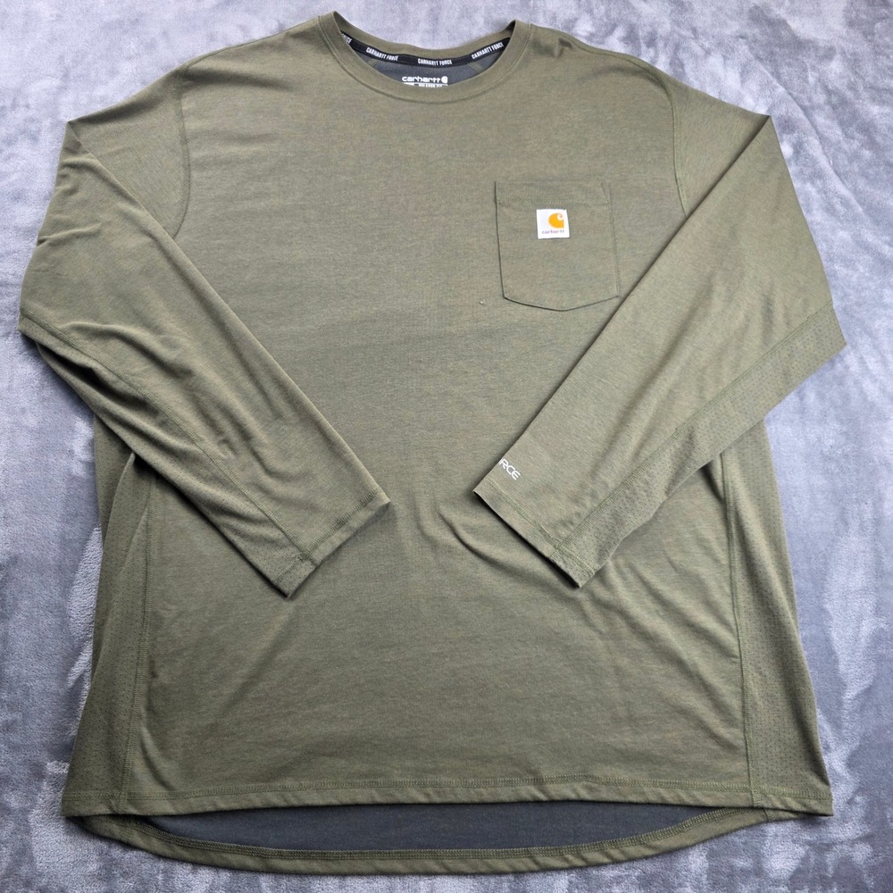 Carhartt Force T-Shirt‎ Mens 2XL Olive Green Long Sleeve Pocket Relaxed Fit